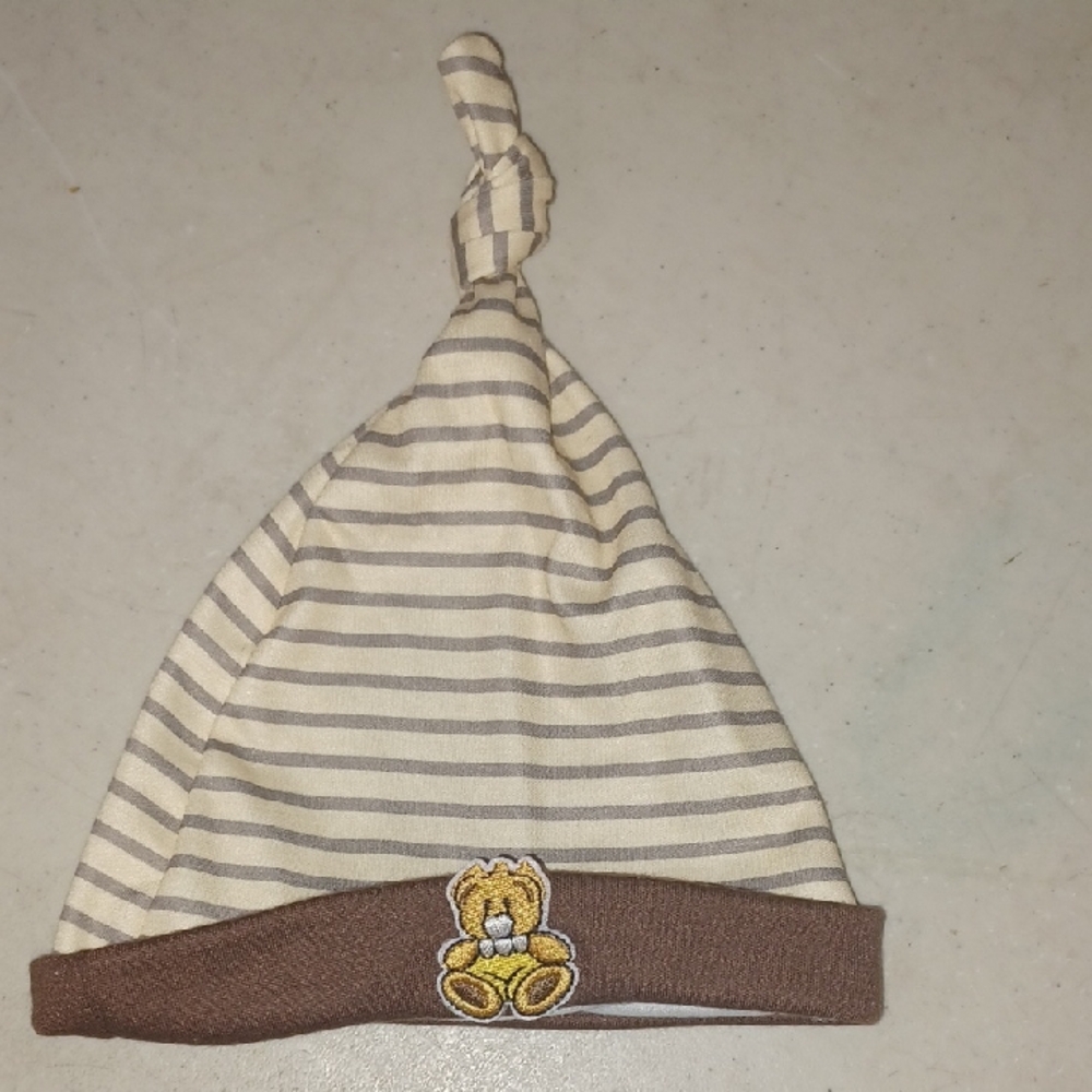 Striped Brown Baby Hat with Bear Embroidery